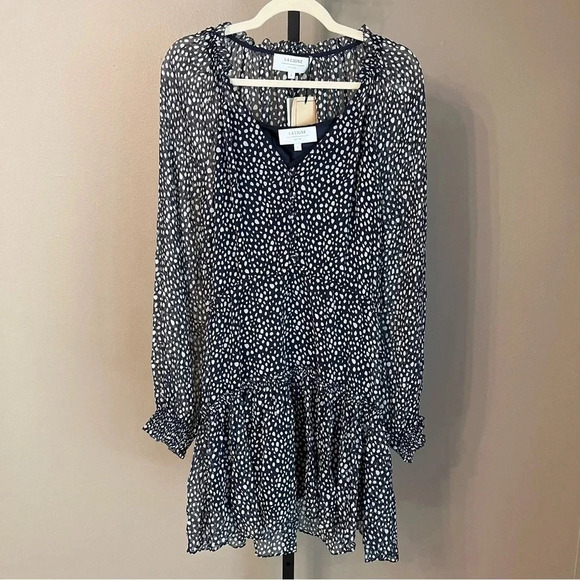 La Ligne Alexi Ruffle Long Sleeve Silk Georgette Minidress Navy Ivory Dot Large - Picture 2 of 9